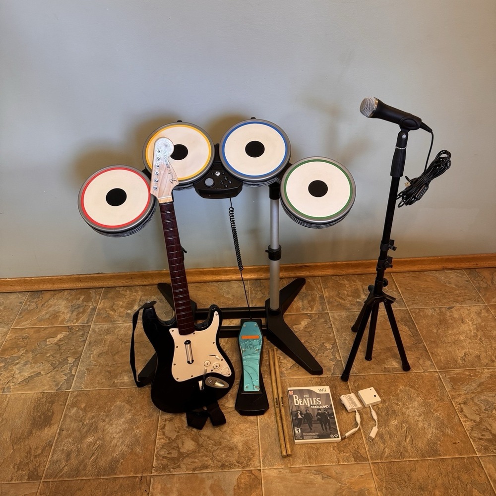 🎸 Nintendo Wii Rock Band Bundle with Wireless Guitar & Dongle, Drums & Mic 🎤